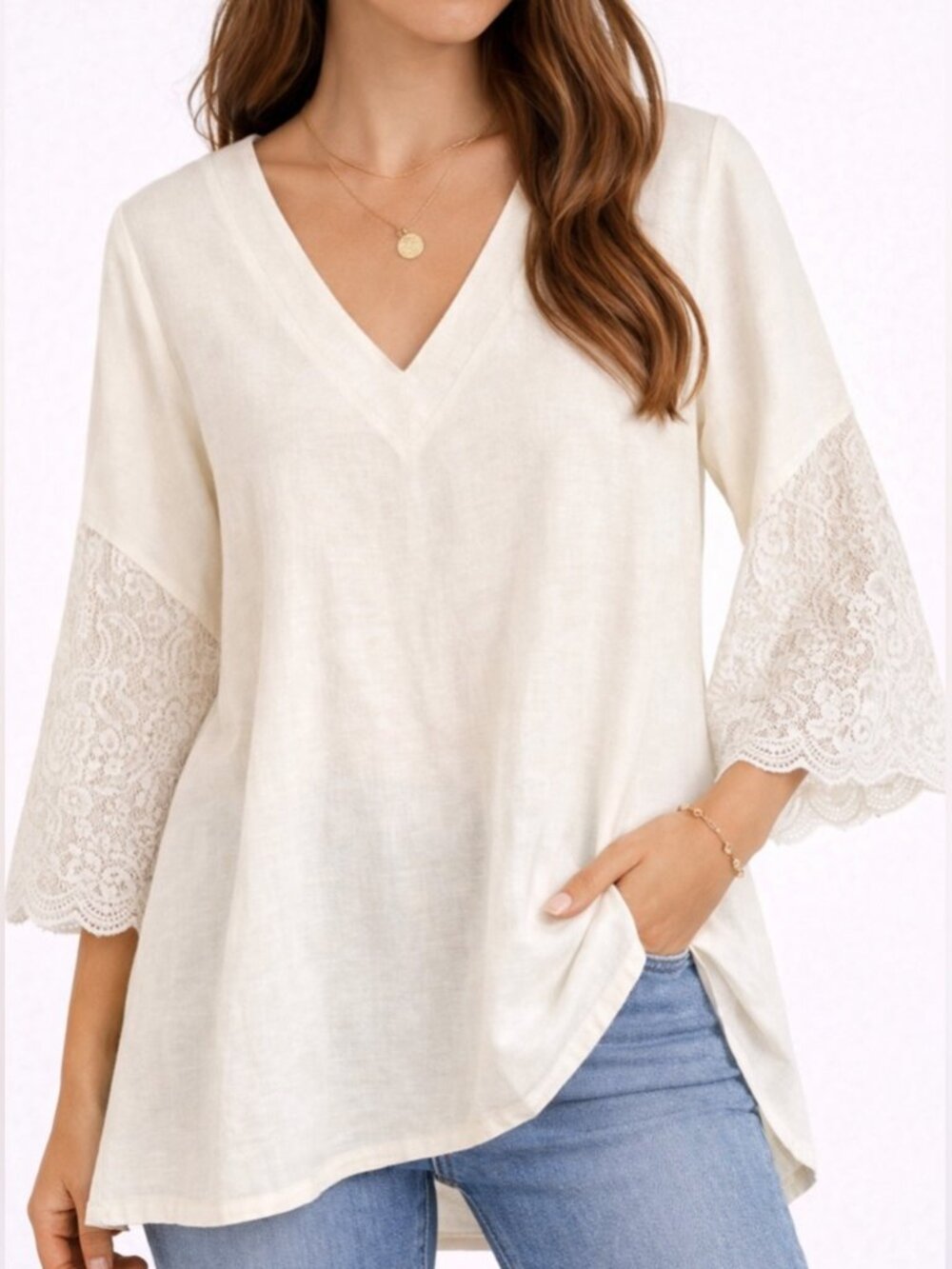 Bob Mackie Ivory Linen Tunic Lace Sleeve Boho Blouse Relaxed Fit Medium